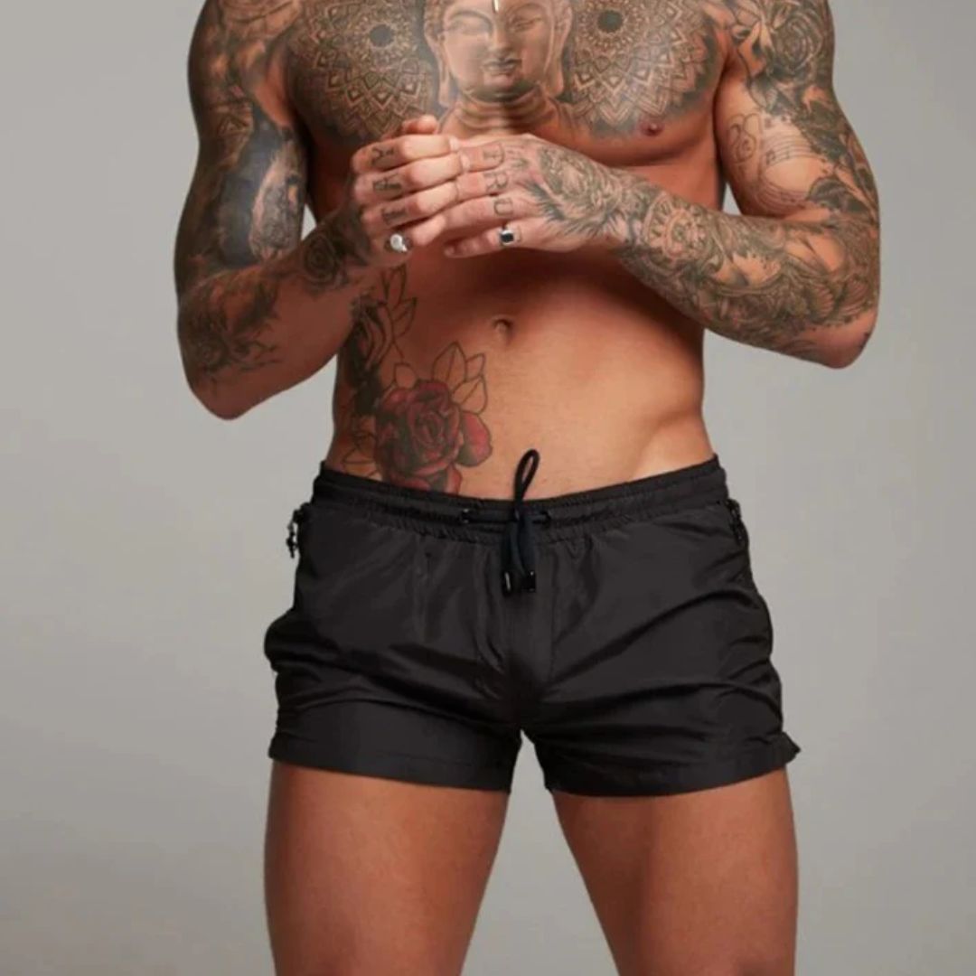Mens Swim Shorts with Zip Pockets and Adjustable Drawstring Waist, Quick-Dry Mid-Thigh