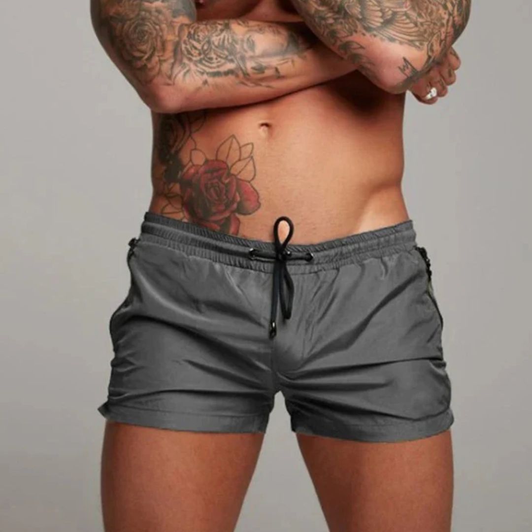 Mens Swim Shorts with Zip Pockets and Adjustable Drawstring Waist, Quick-Dry Mid-Thigh