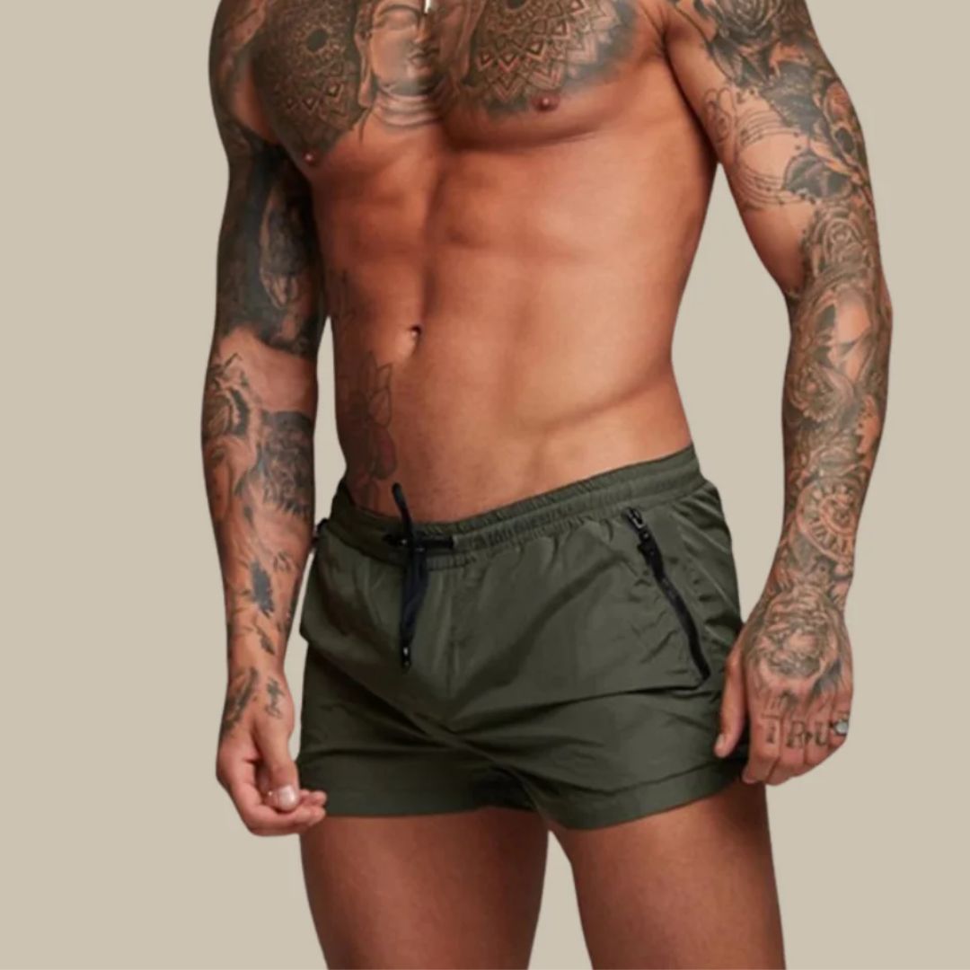Mens Swim Shorts with Zip Pockets and Adjustable Drawstring Waist, Quick-Dry Mid-Thigh