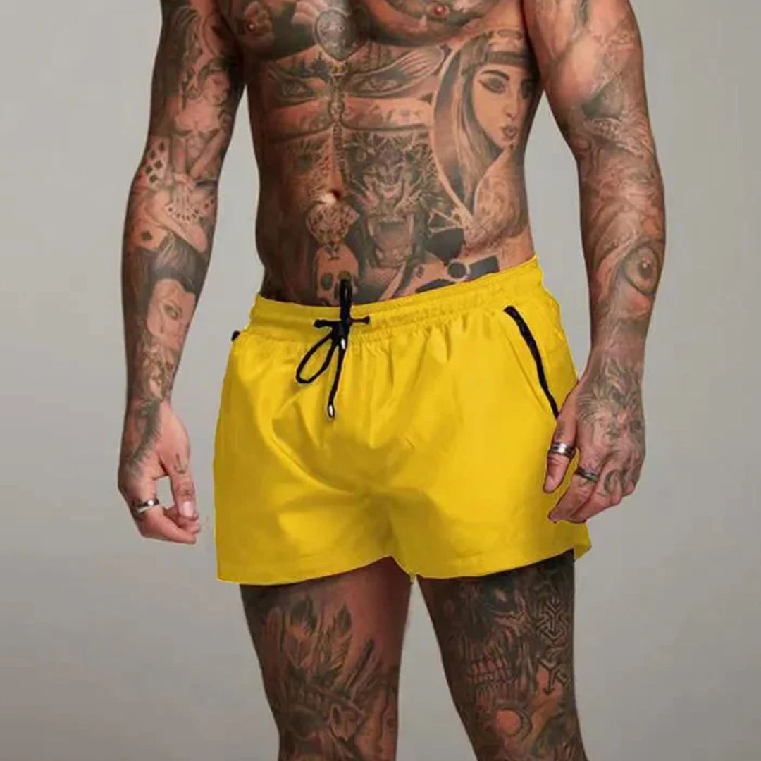 Mens Swim Shorts with Zip Pockets and Adjustable Drawstring Waist, Quick-Dry Mid-Thigh