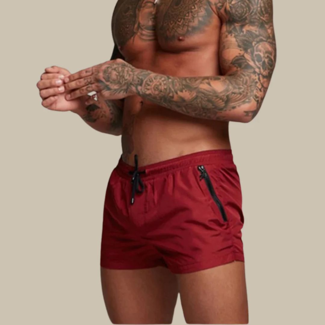 Mens Swim Shorts with Zip Pockets and Adjustable Drawstring Waist, Quick-Dry Mid-Thigh