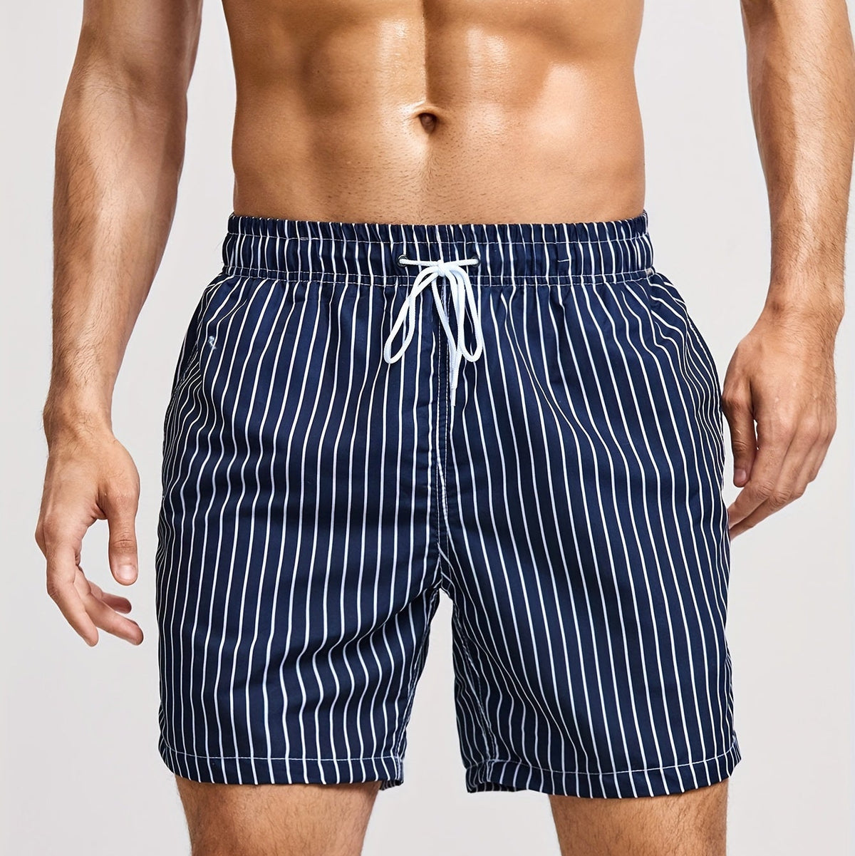 Striped Swim Shorts for Men with Drawstring Waist and Regular Fit, Pool-to-Street