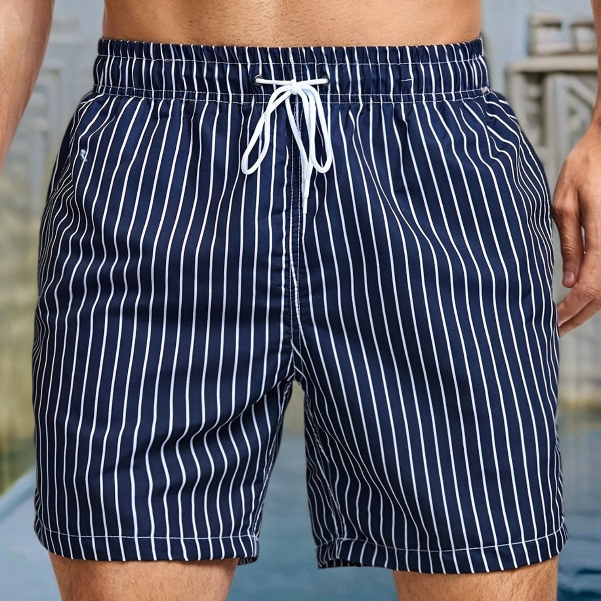 Striped Swim Shorts for Men with Drawstring Waist and Regular Fit, Pool-to-Street