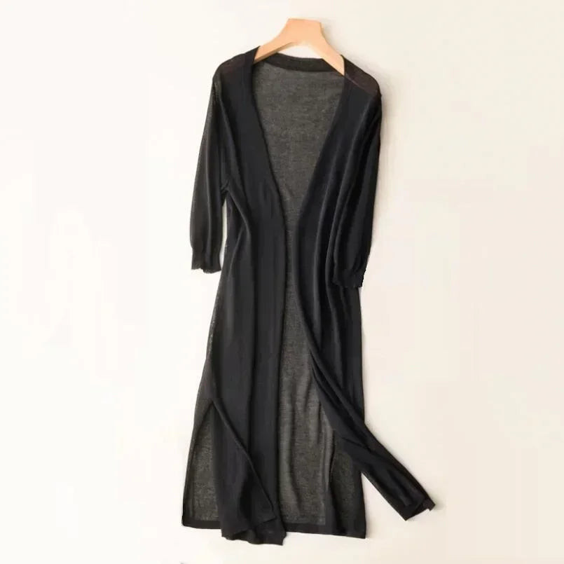 Long Cardigan with Open Front and Relaxed Longline Fit - Lightweight Knit