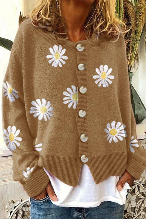 Round Neck Sweater with Floral Embroidery and Light Stretch Fabric