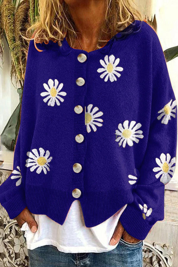 Round Neck Sweater with Floral Embroidery and Light Stretch Fabric