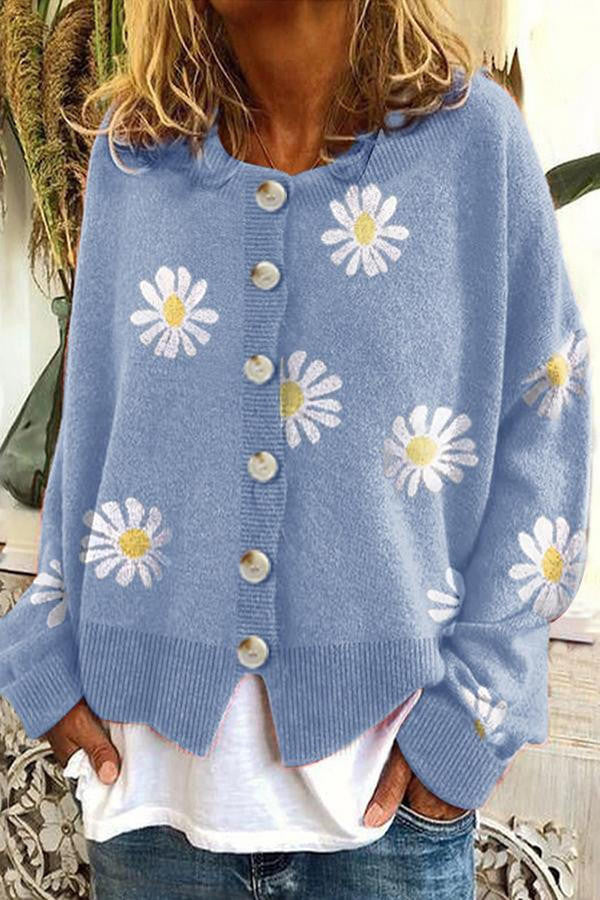 Round Neck Sweater with Floral Embroidery and Light Stretch Fabric