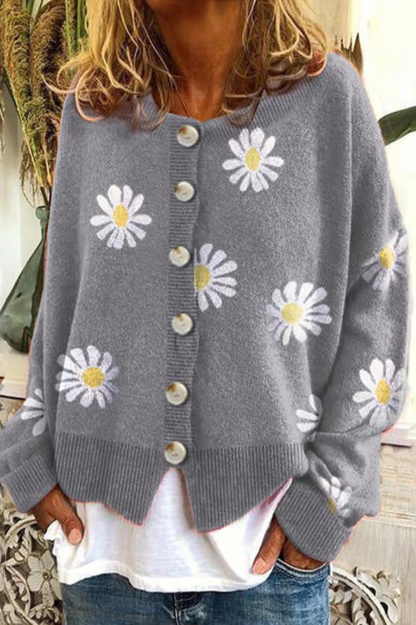 Round Neck Sweater with Floral Embroidery and Light Stretch Fabric