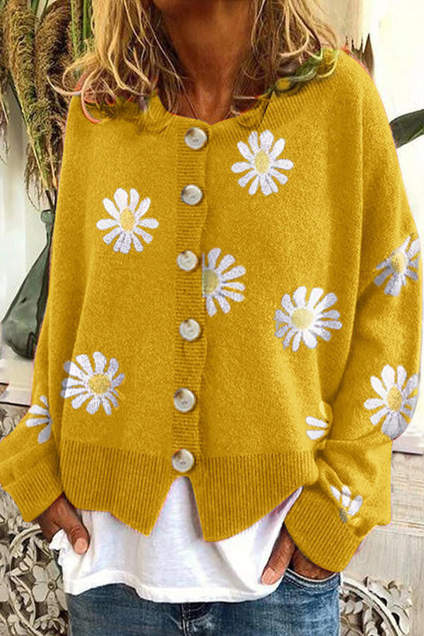 Round Neck Sweater with Floral Embroidery and Light Stretch Fabric