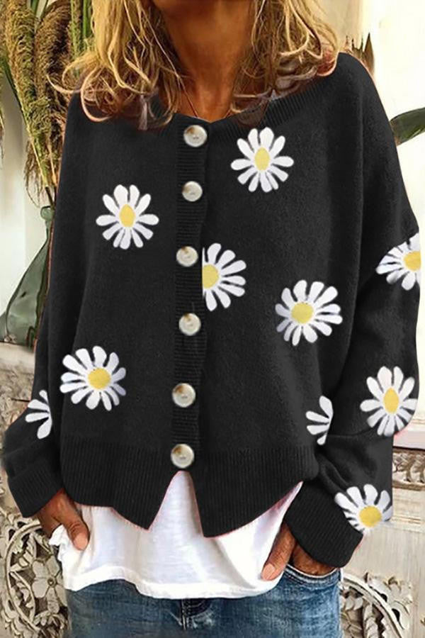 Round Neck Sweater with Floral Embroidery and Light Stretch Fabric