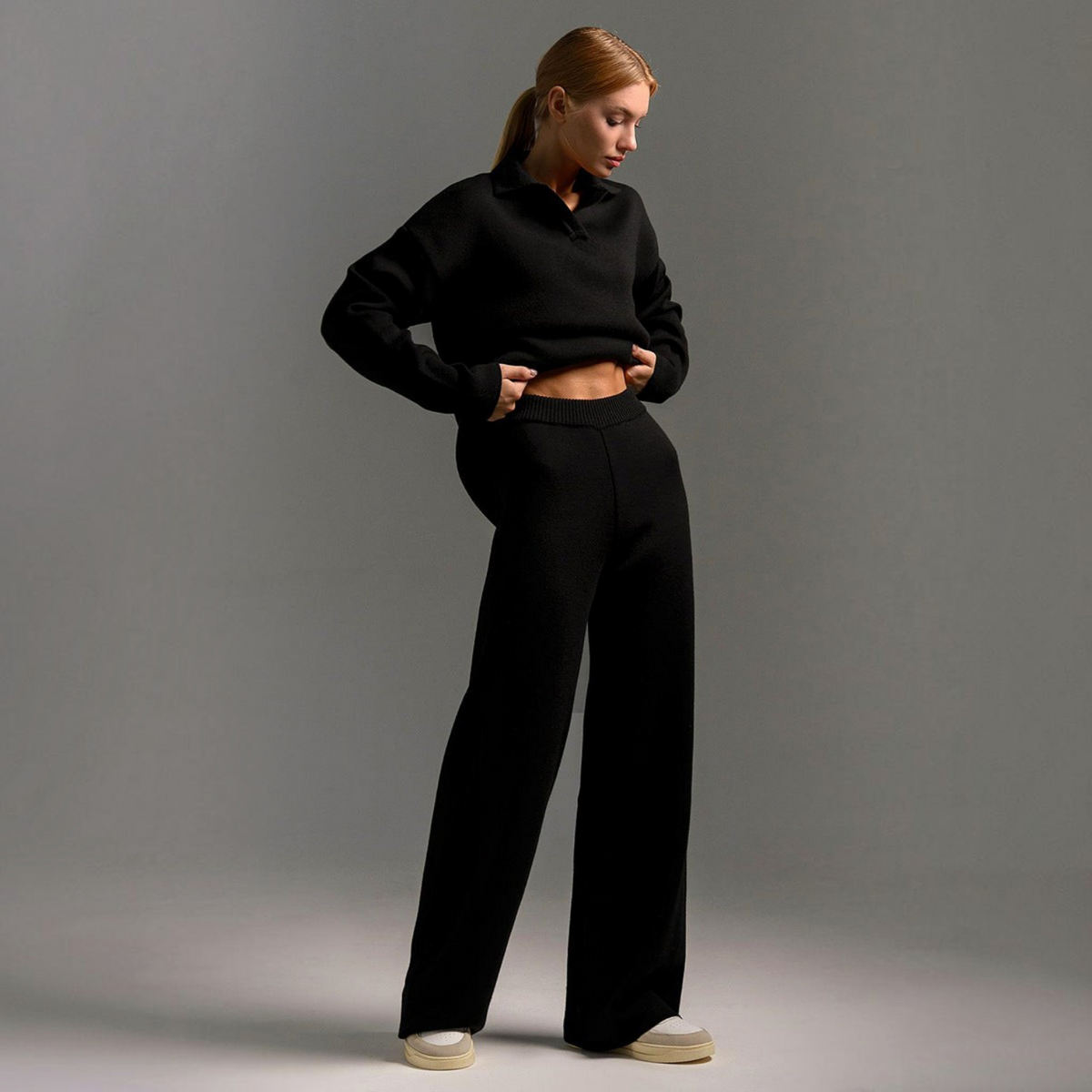 Womens Lounge Set with Soft Collar and Wide Leg Pants, Relaxed Knit Blend