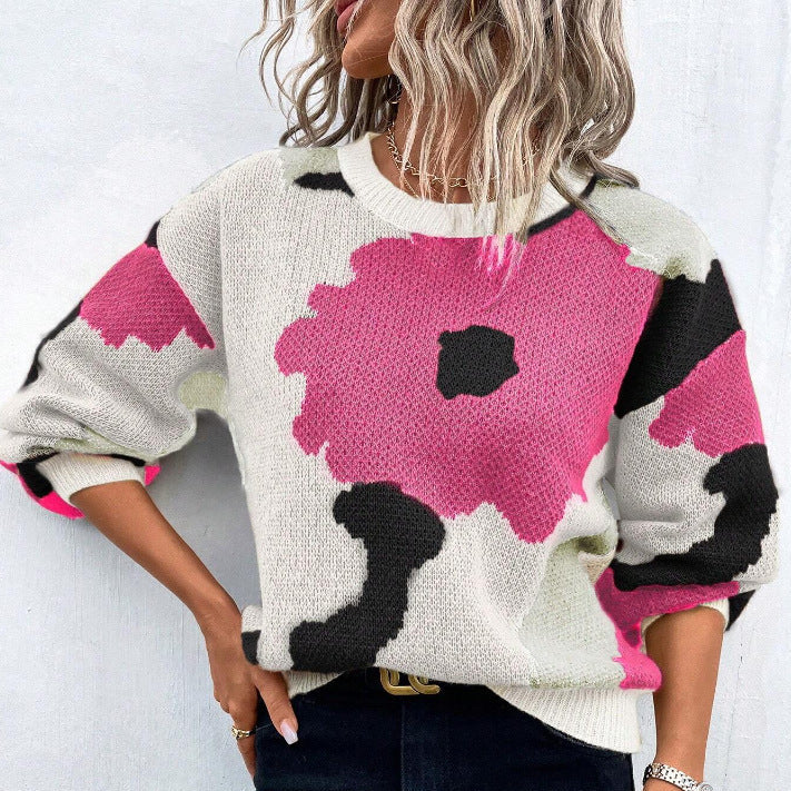 Floral Pullover Sweater with Crew Neck and Relaxed Fit, Machine Washable