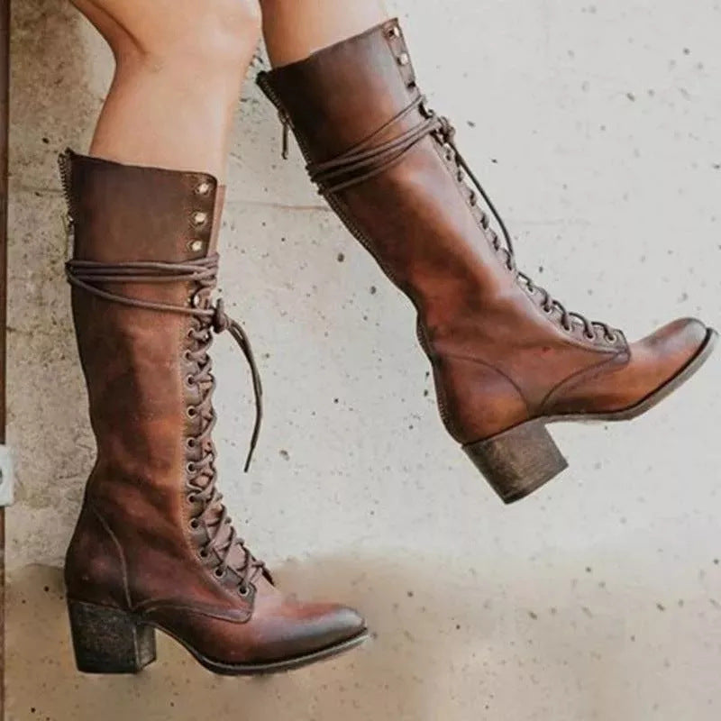 Knee High Lace Up Boots with Block Heel and Cushioned Insole, Synthetic Leather