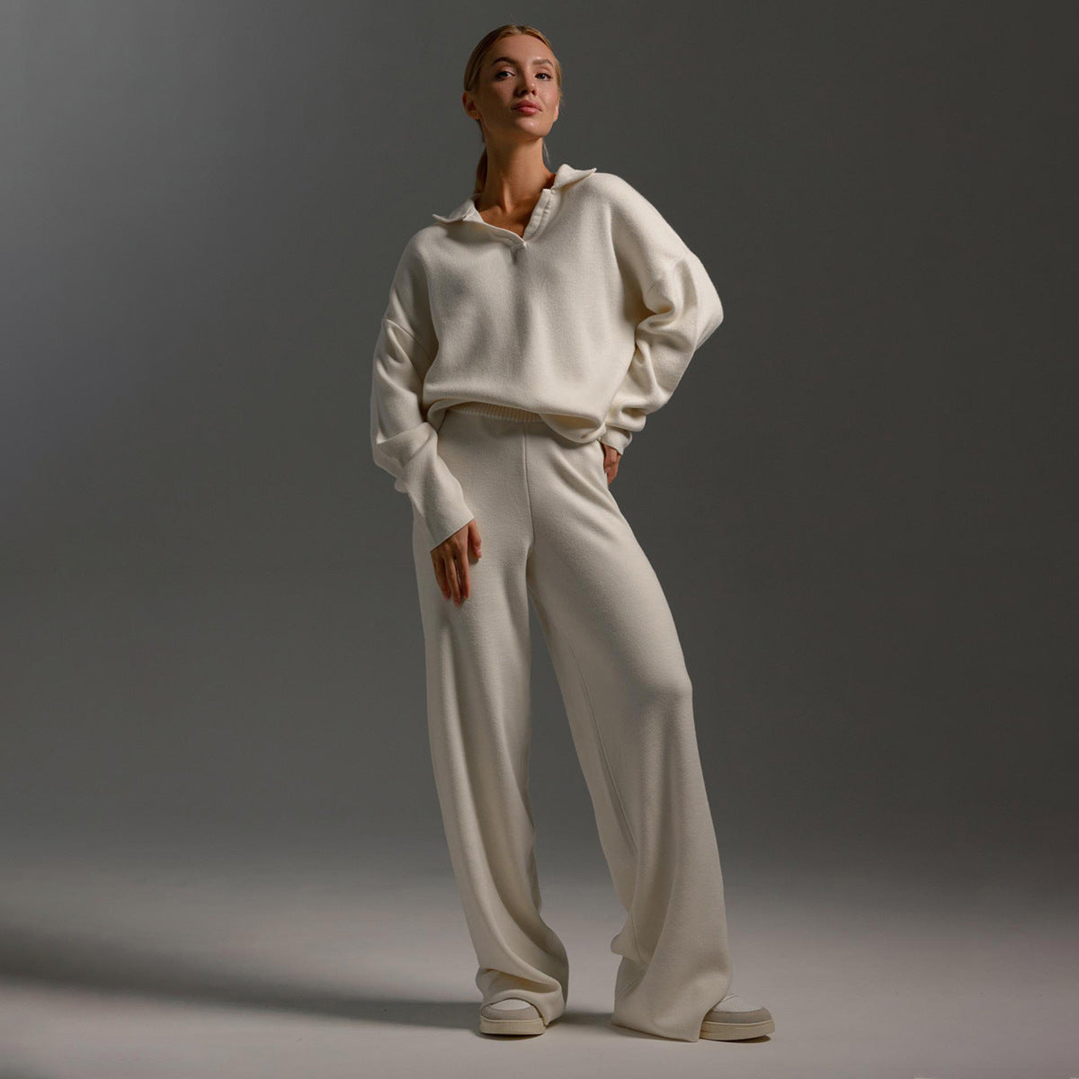 Womens Lounge Set with Soft Collar and Wide Leg Pants, Relaxed Knit Blend