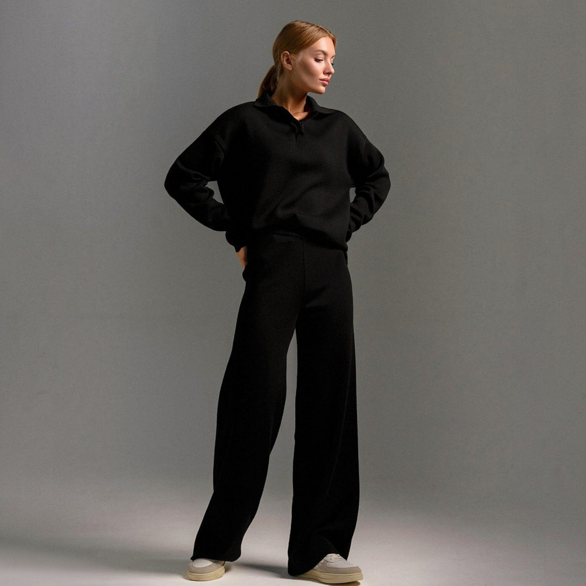 Womens Lounge Set with Soft Collar and Wide Leg Pants, Relaxed Knit Blend