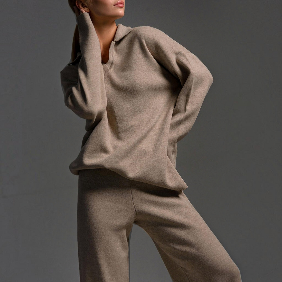 Womens Lounge Set with Soft Collar and Wide Leg Pants, Relaxed Knit Blend