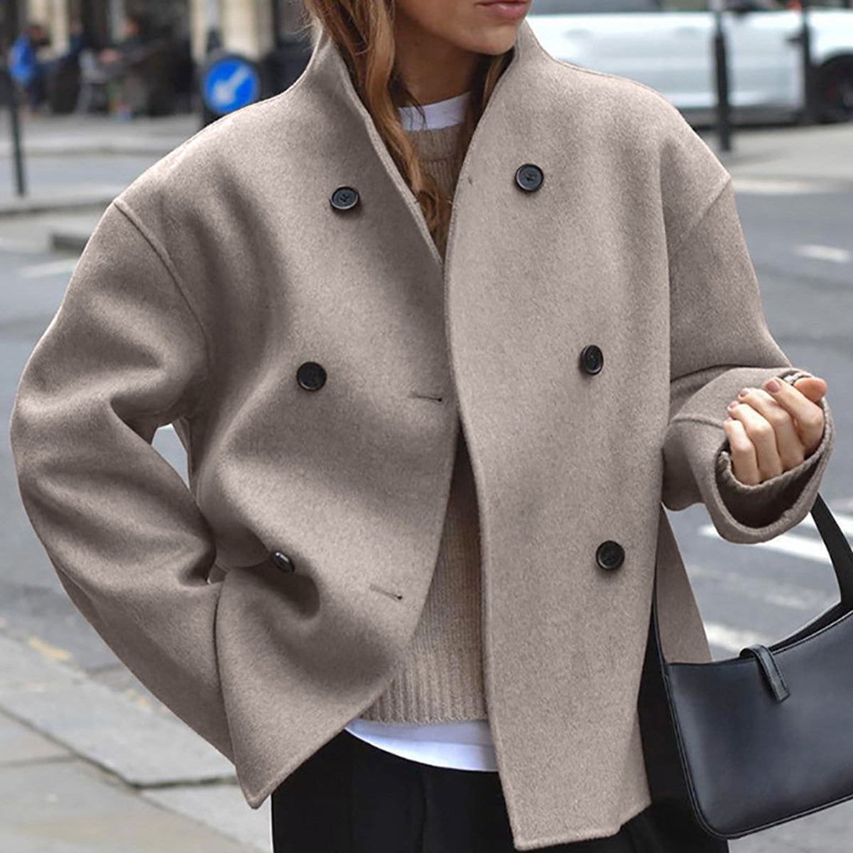 Womens Double-Breasted Coat with Tailored Fit and Soft Woven Fabric, Mid-Thigh Length