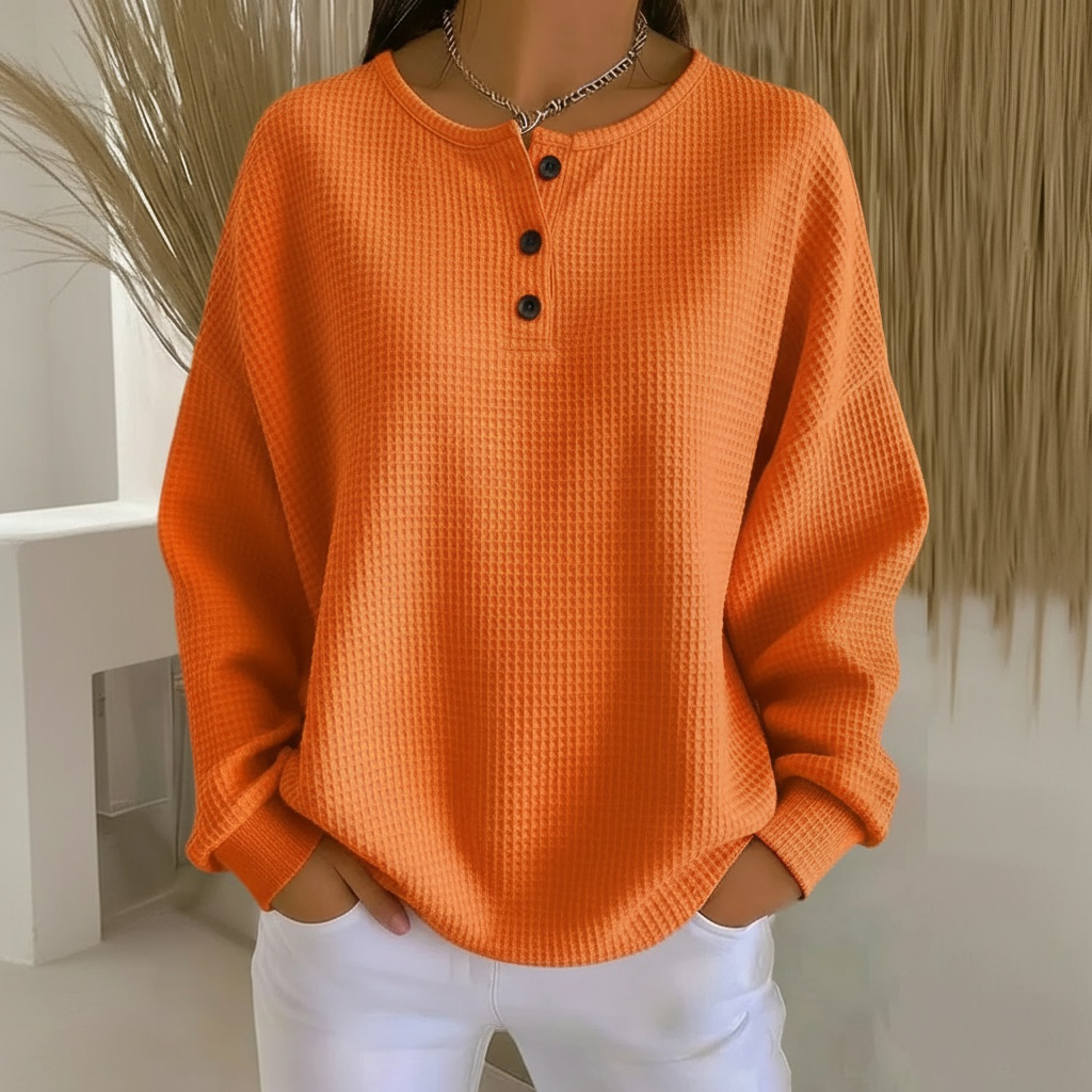 Waffle Knit Button Front Sweatshirt with Drop Shoulder Sleeves and Round Neckline