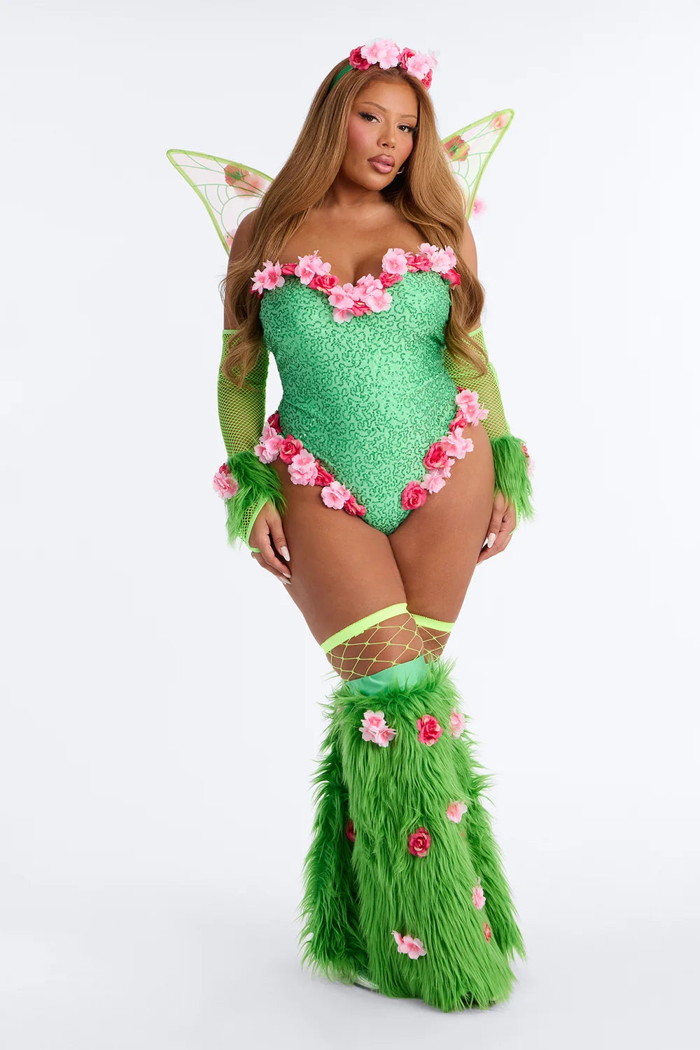 Green Fairy Costume Set with Corset Top and Skirt, Seven Pieces