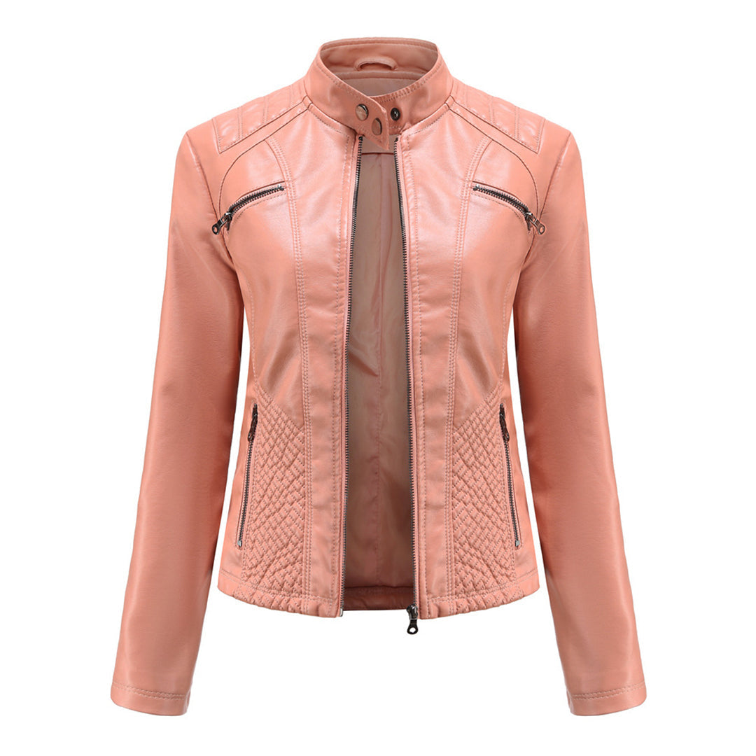 Womens Faux Leather Biker Jacket with Quilted Shoulders and Tailored Fit, Zip Pockets