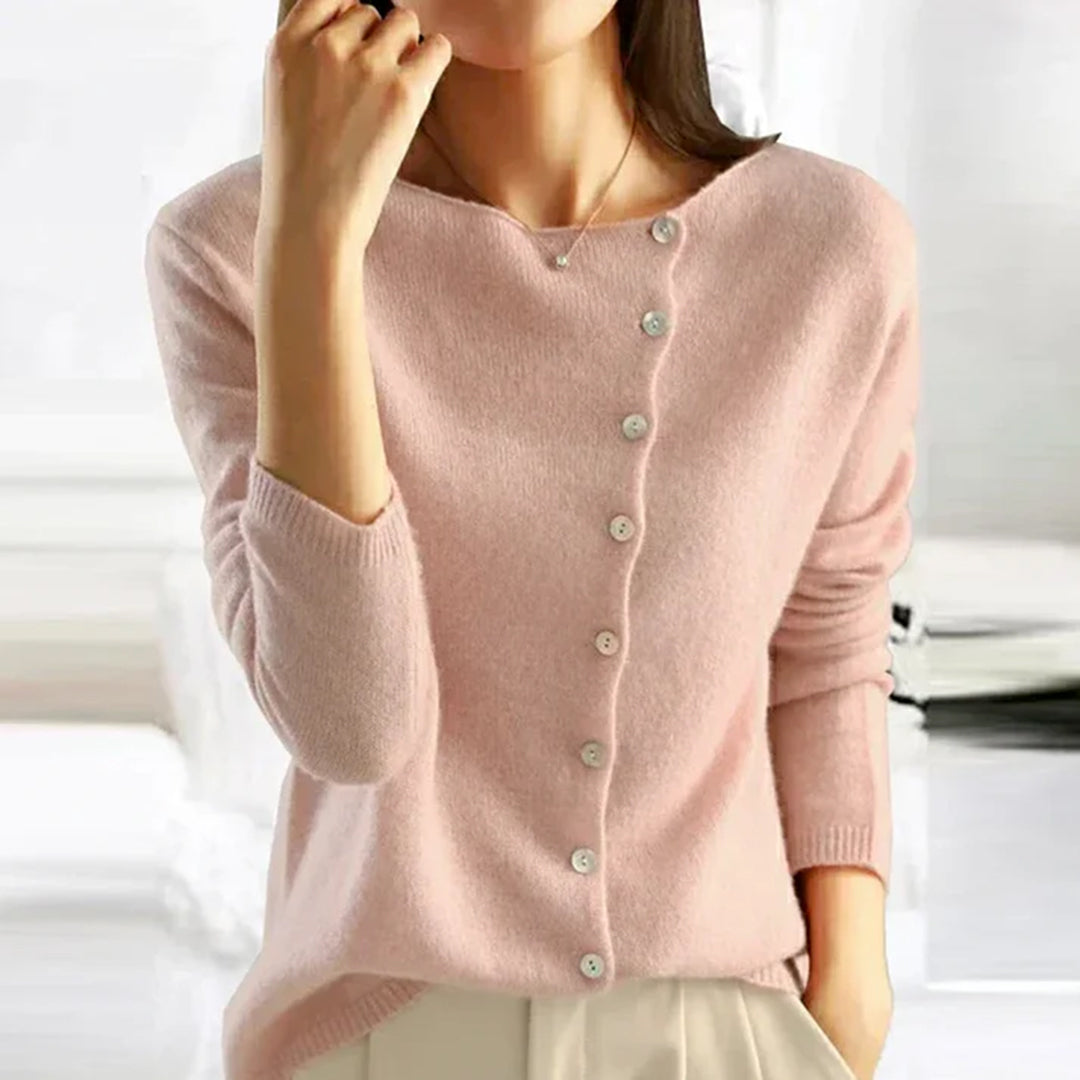 Womens Stretch Knit Sweater with Asymmetric Buttons and Lightweight Fabric