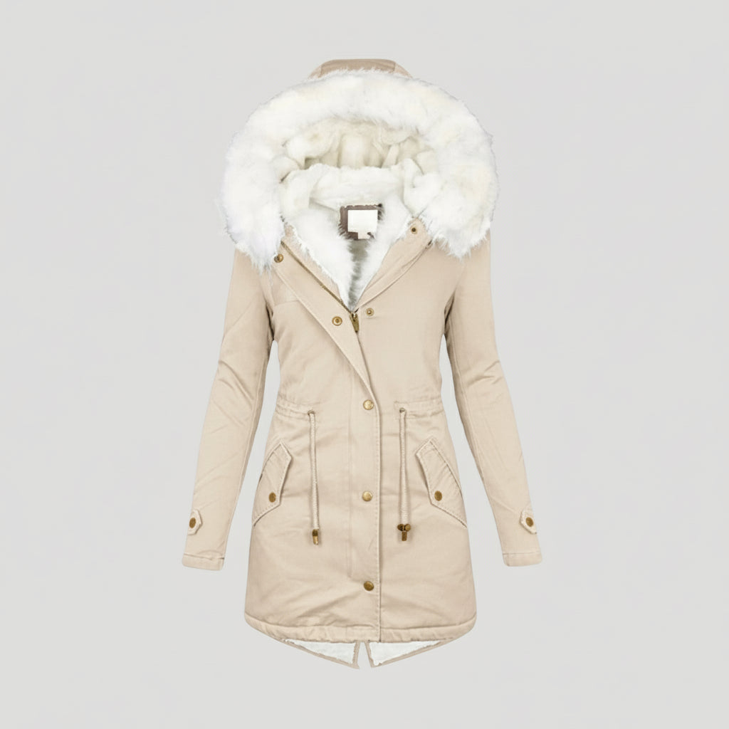Womens Insulated Parka with Detachable Faux Fur Hood and Removable Belt, Multiple Pockets
