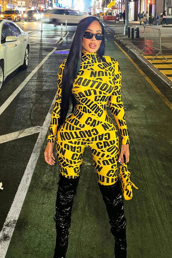 Three Piece Caution Costume with Cropped Top and High Waisted Shorts, Neck Accessory