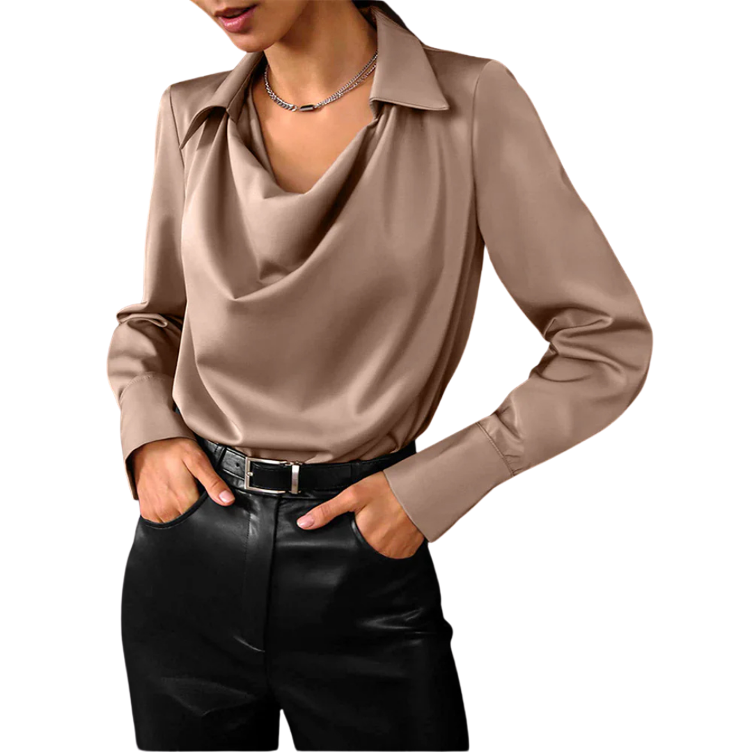 Womens Satin Blouse with Draped Neck and Long Sleeves, Tailored Regular Fit