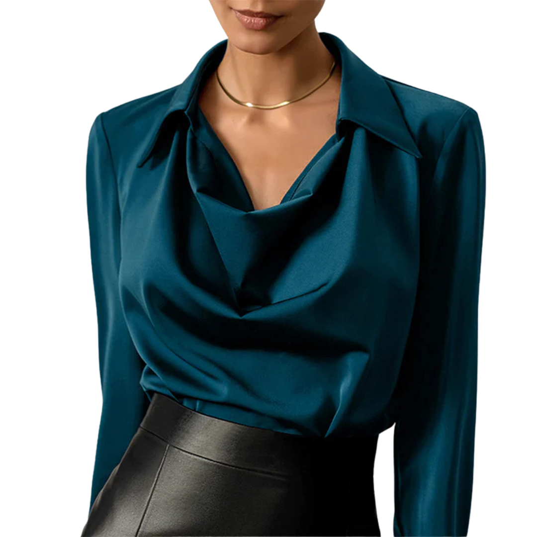 Womens Satin Blouse with Draped Neck and Long Sleeves, Tailored Regular Fit