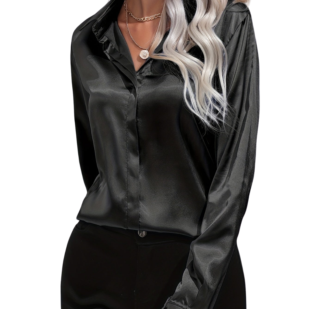Satin Blouse for Women with Button Down Front and Long Sleeves, Tailored Relaxed Fit