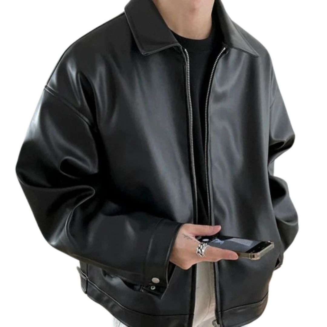 Leather Bomber Jacket with Oversized Relaxed Fit and Multiple Pockets for Men-Smooth Finish