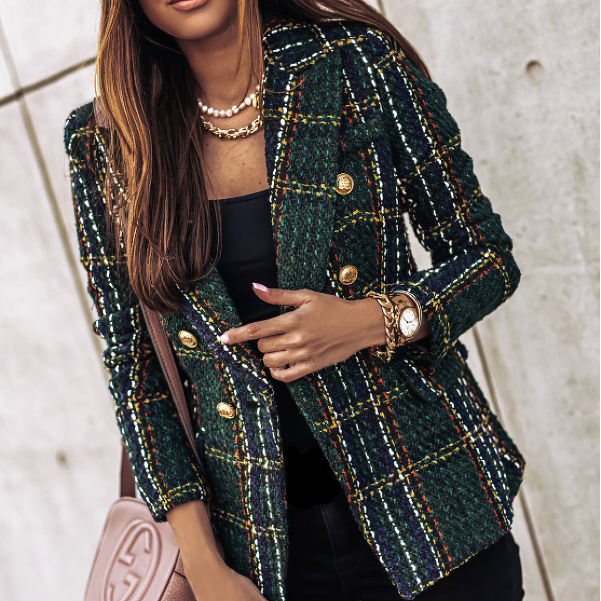 Double Breasted Check Blazer for Women and Button Cuffs