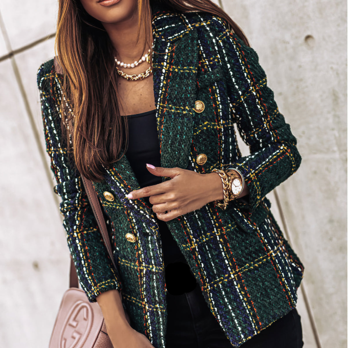 Double Breasted Check Blazer for Women and Button Cuffs