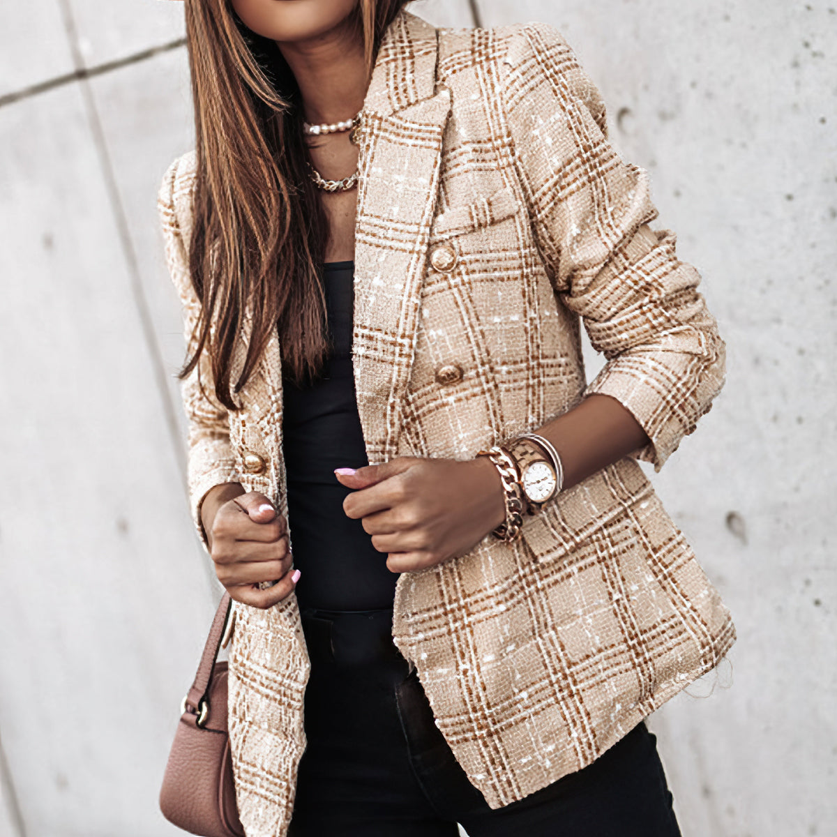 Double Breasted Check Blazer for Women and Button Cuffs