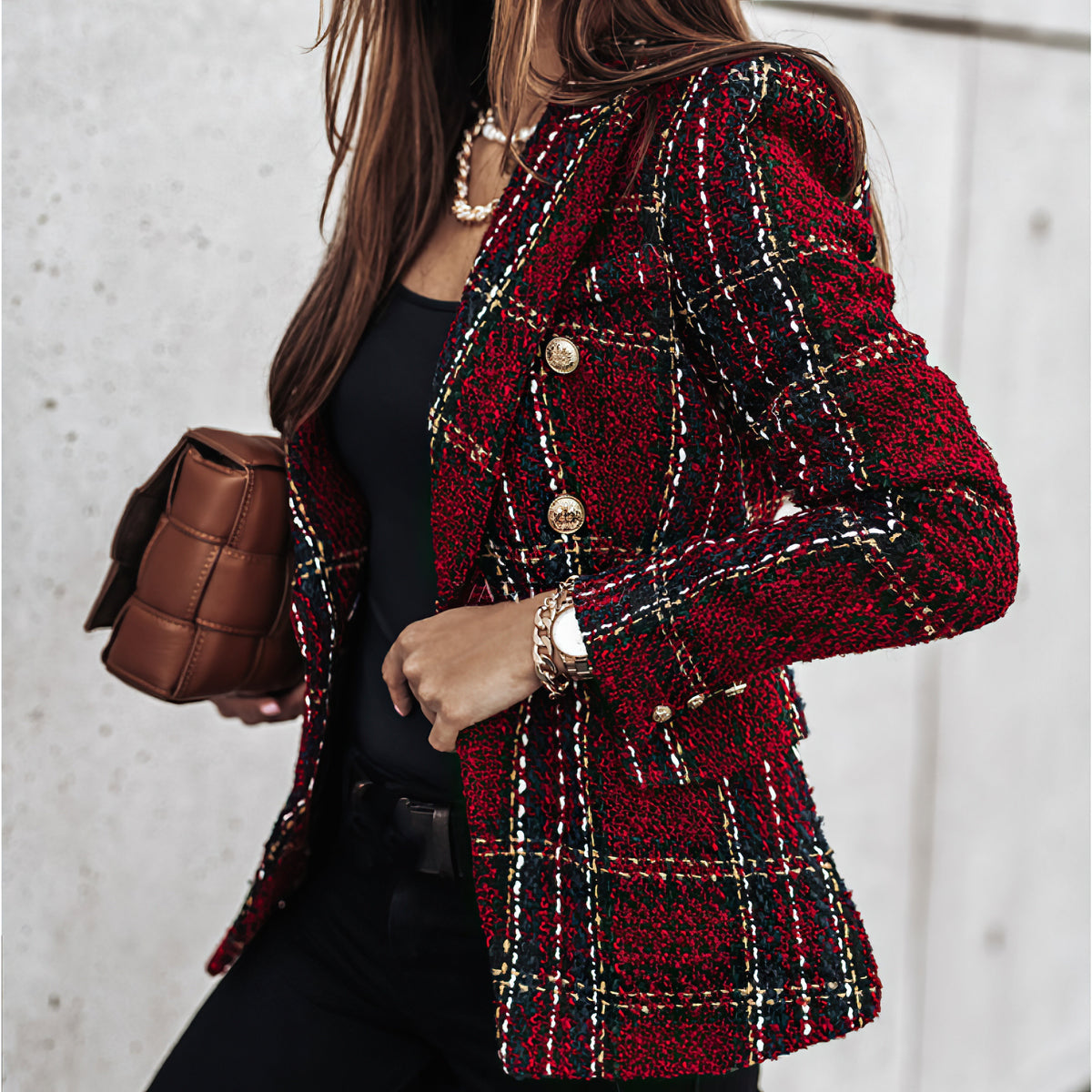 Double Breasted Check Blazer for Women and Button Cuffs