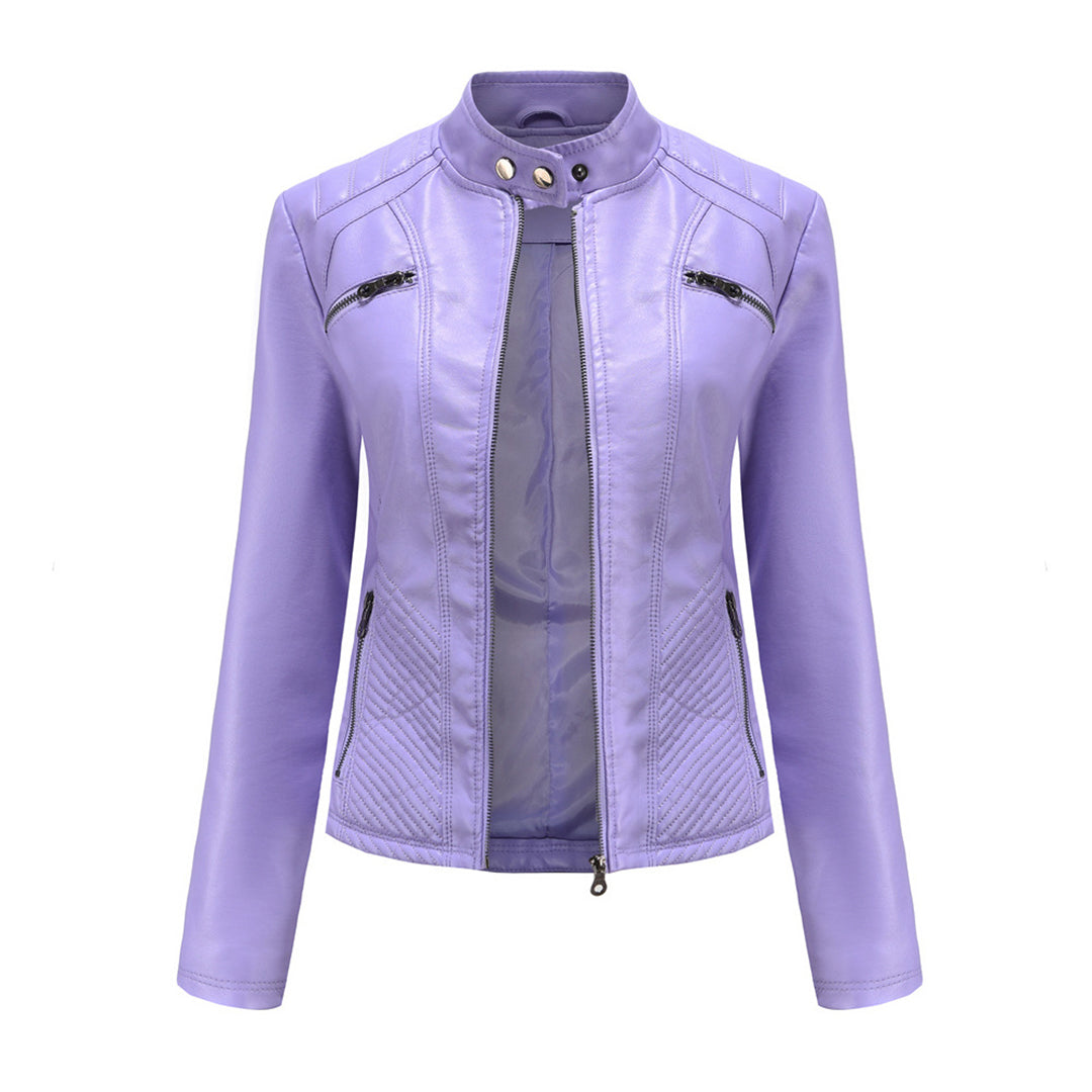 Womens Faux Leather Biker Jacket with Quilted Shoulders and Tailored Fit, Zip Pockets