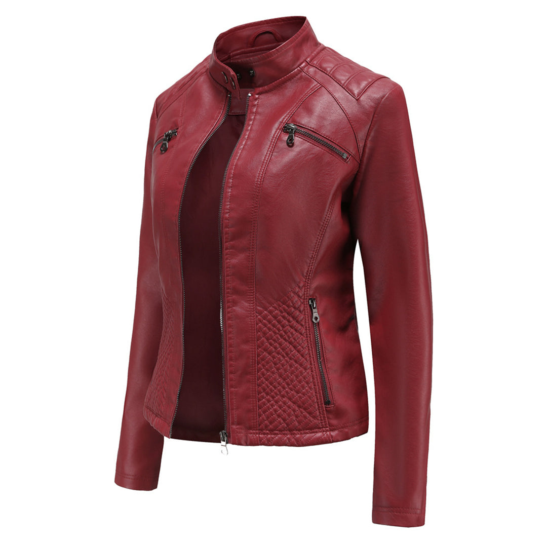 Womens Faux Leather Biker Jacket with Quilted Shoulders and Tailored Fit, Zip Pockets