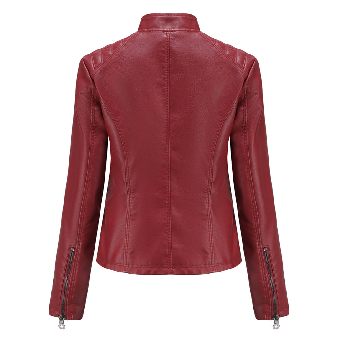 Womens Faux Leather Biker Jacket with Quilted Shoulders and Tailored Fit, Zip Pockets