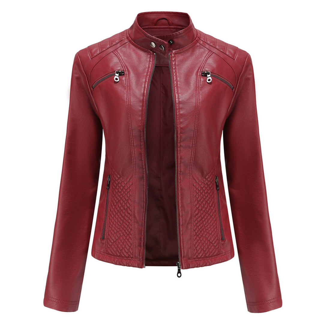 Womens Faux Leather Biker Jacket with Quilted Shoulders and Tailored Fit, Zip Pockets