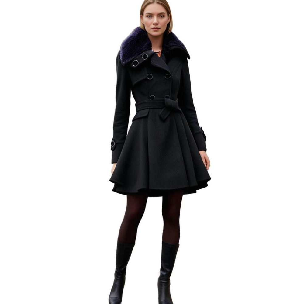 Womens Short Dress Coat with Faux Fur Collar and Adjustable Waist Tie