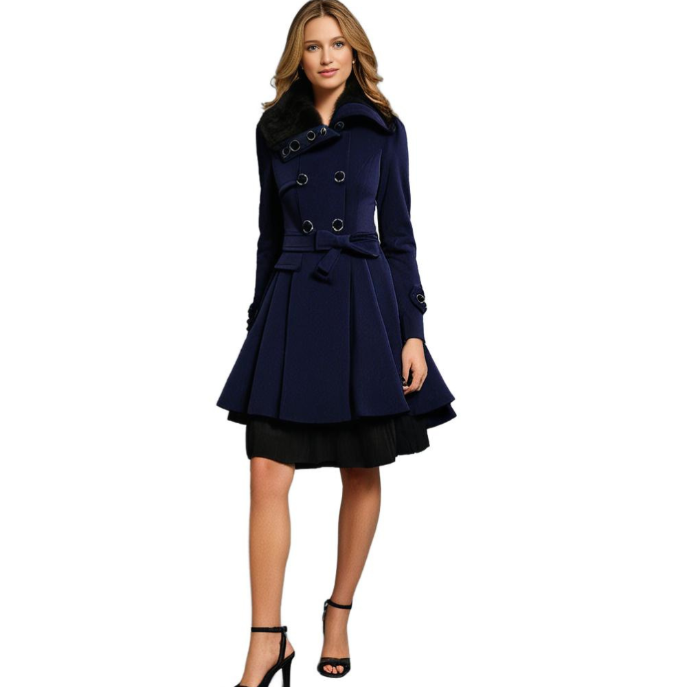 Womens Short Dress Coat with Faux Fur Collar and Adjustable Waist Tie