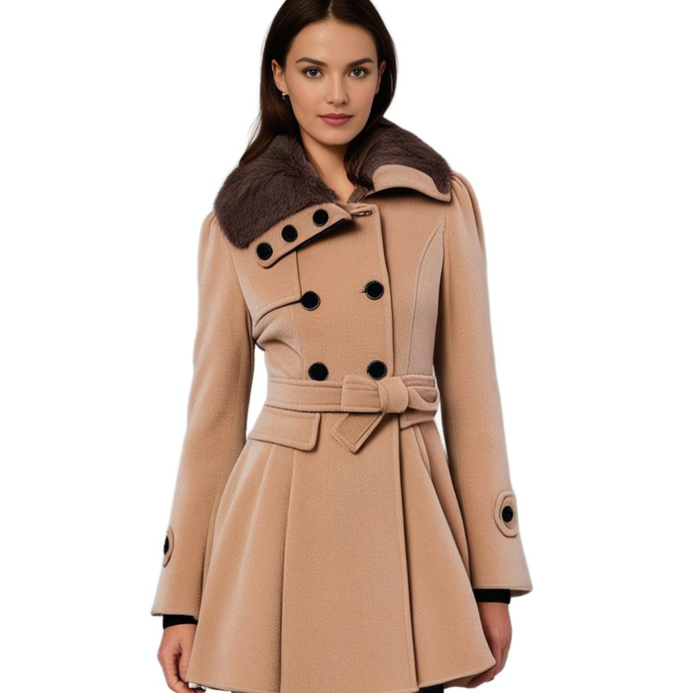 Womens Short Dress Coat with Faux Fur Collar and Adjustable Waist Tie