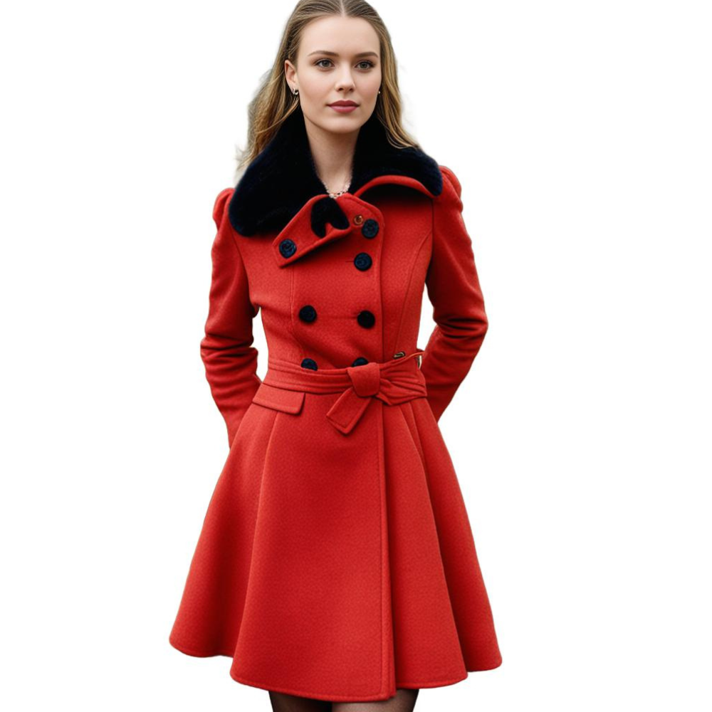 Womens Short Dress Coat with Faux Fur Collar and Adjustable Waist Tie