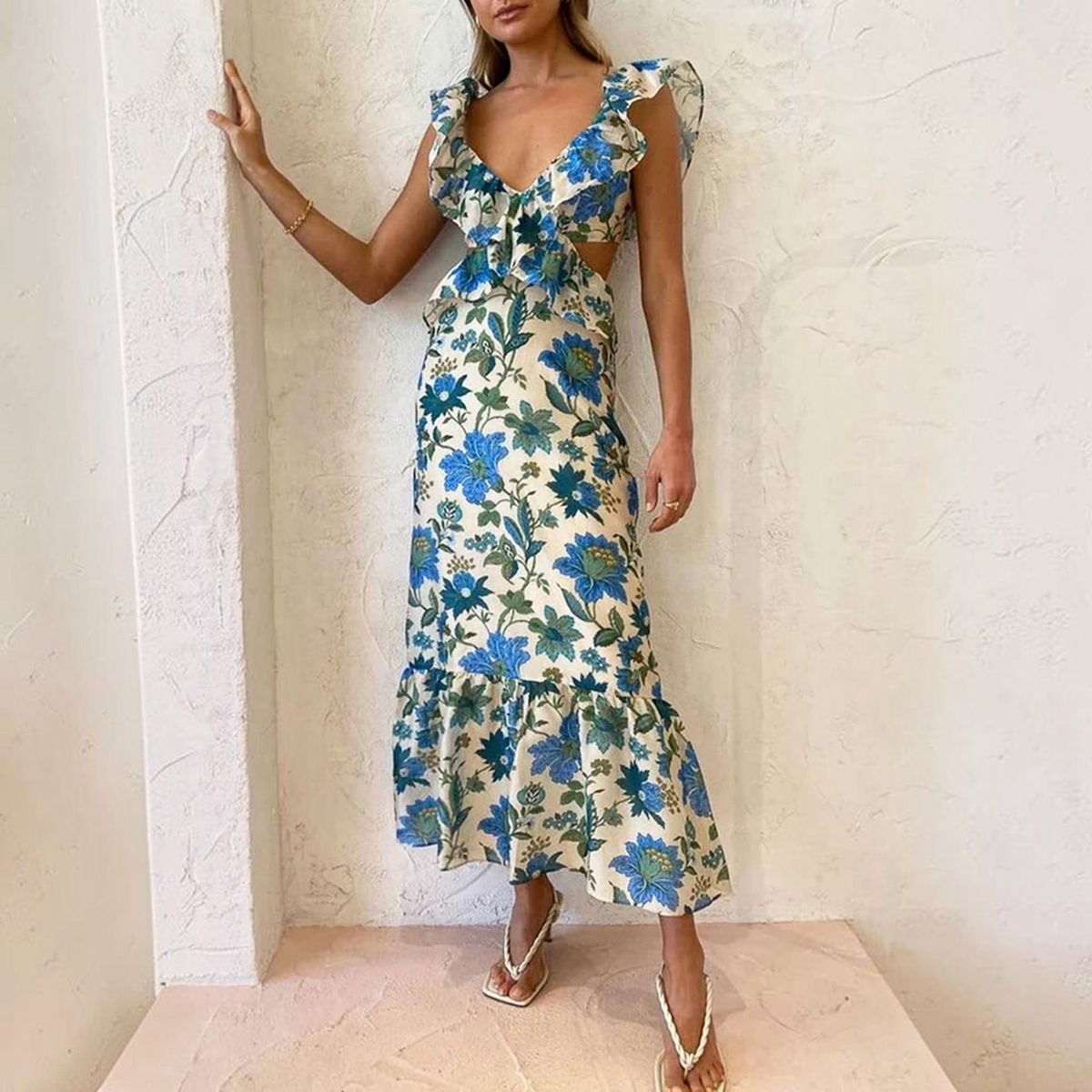 Sleeveless Maxi Dress with Ruffle Straps and V-Neck, Cotton-Blend A-Line Silhouette