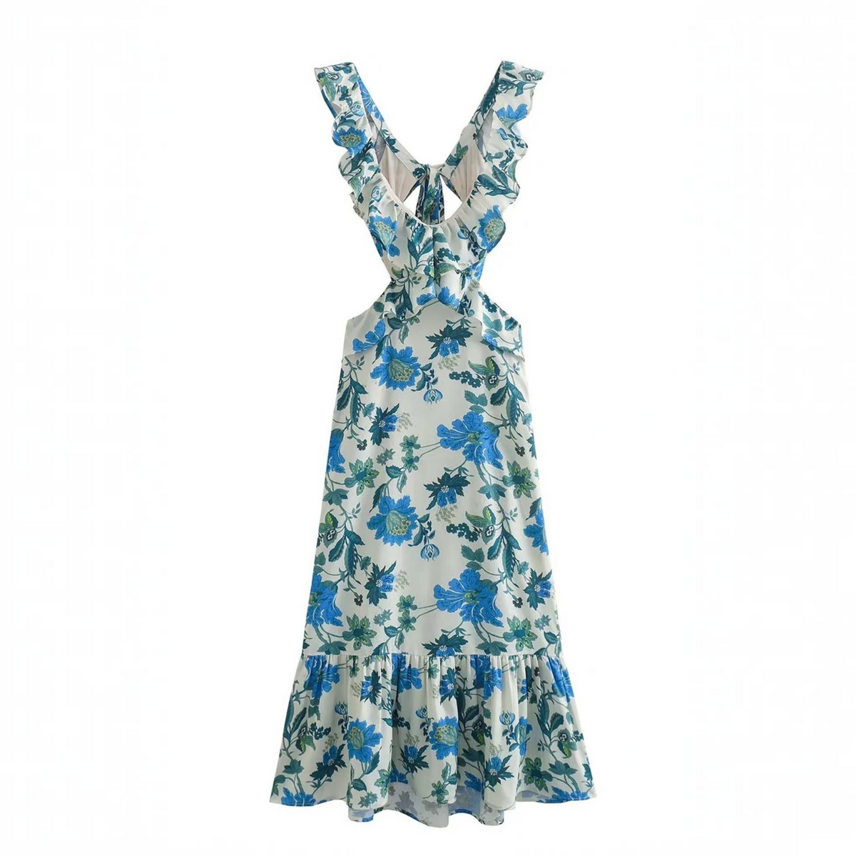 Sleeveless Maxi Dress with Ruffle Straps and V-Neck, Cotton-Blend A-Line Silhouette