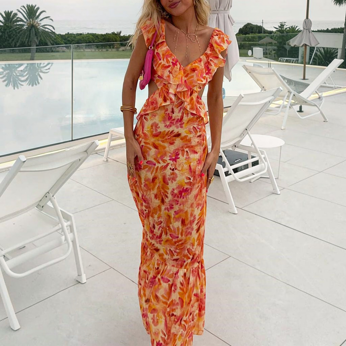 Sleeveless Maxi Dress with Ruffle Straps and V-Neck, Cotton-Blend A-Line Silhouette