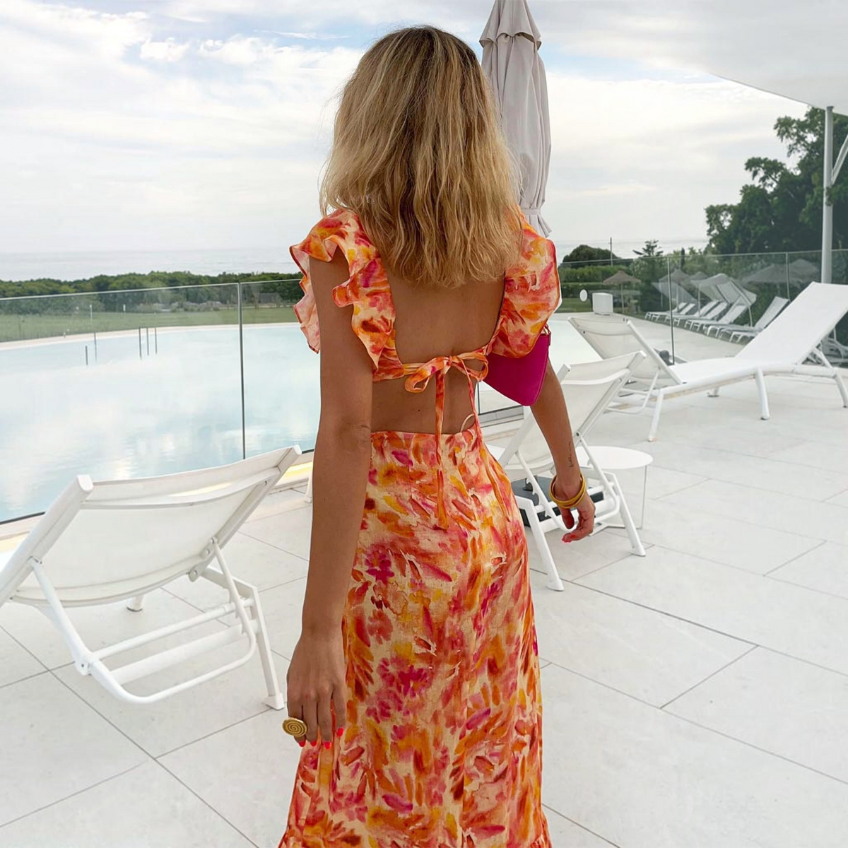 Sleeveless Maxi Dress with Ruffle Straps and V-Neck, Cotton-Blend A-Line Silhouette