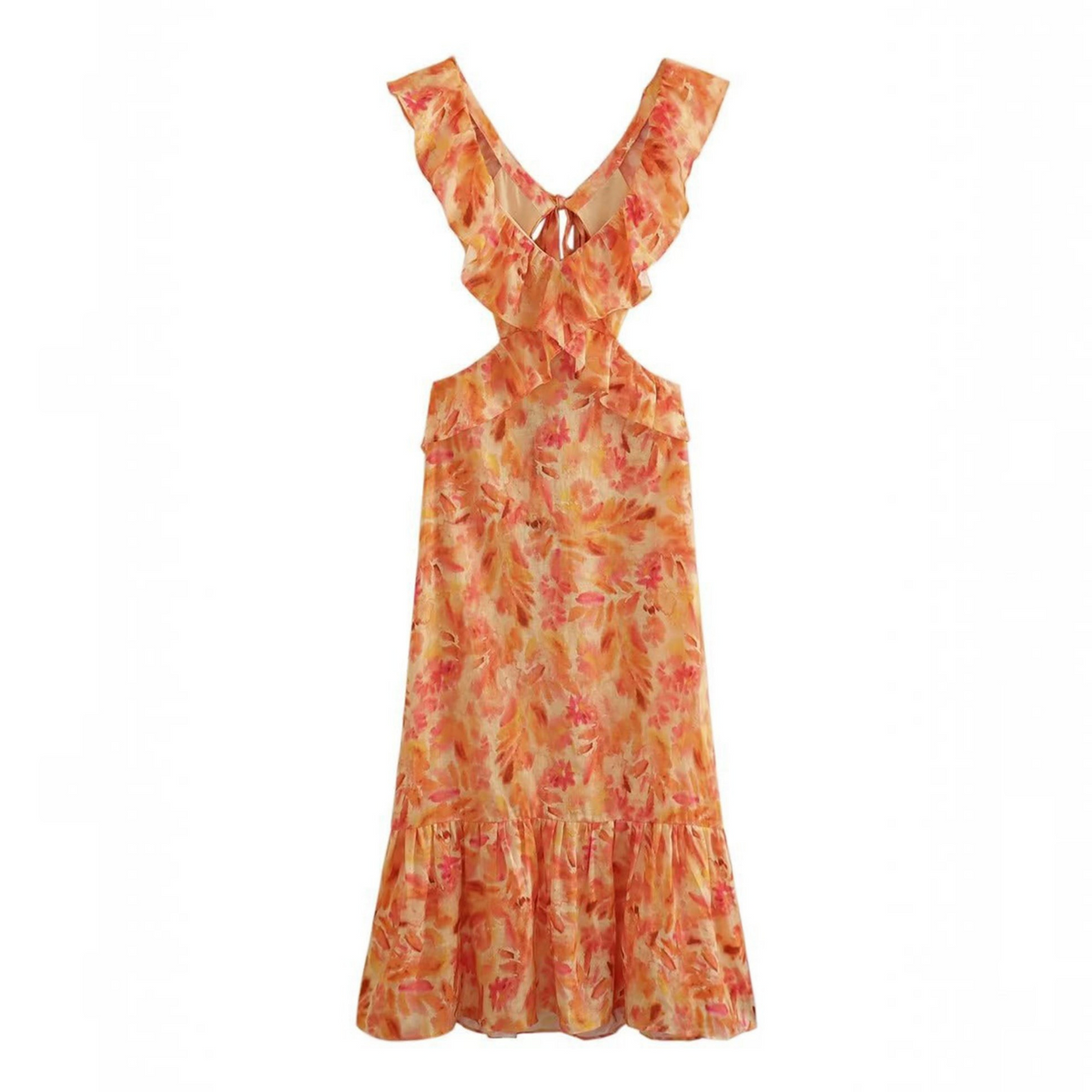 Sleeveless Maxi Dress with Ruffle Straps and V-Neck, Cotton-Blend A-Line Silhouette