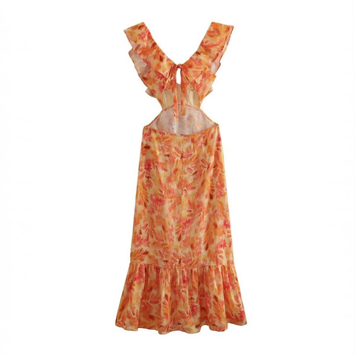 Sleeveless Maxi Dress with Ruffle Straps and V-Neck, Cotton-Blend A-Line Silhouette