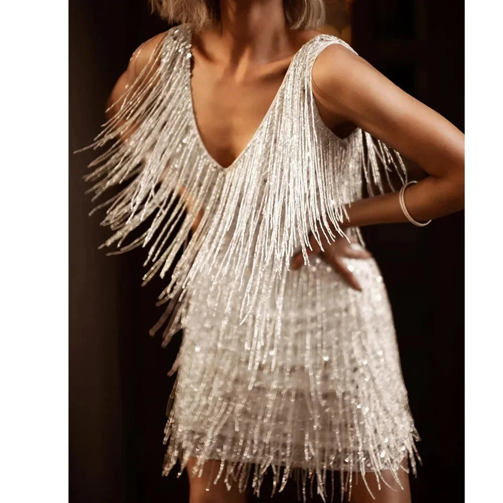 Womens A-Line Cocktail Dress with Cascading Fringe and Sequin Accents